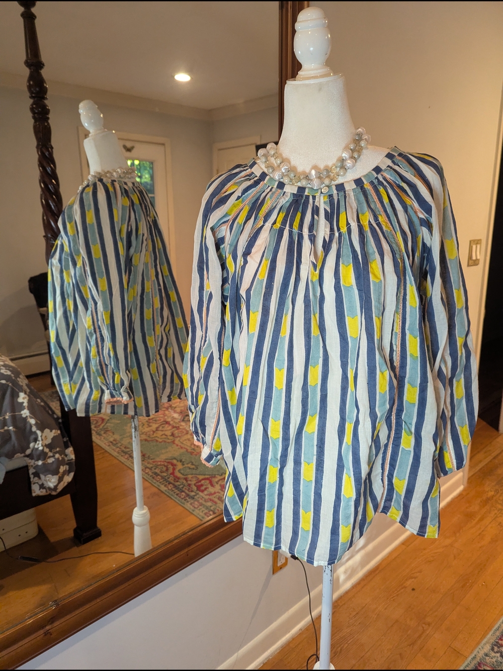 💯 Cotton Roller Rabbit Blue White Yellow Striped Peasant Blouse